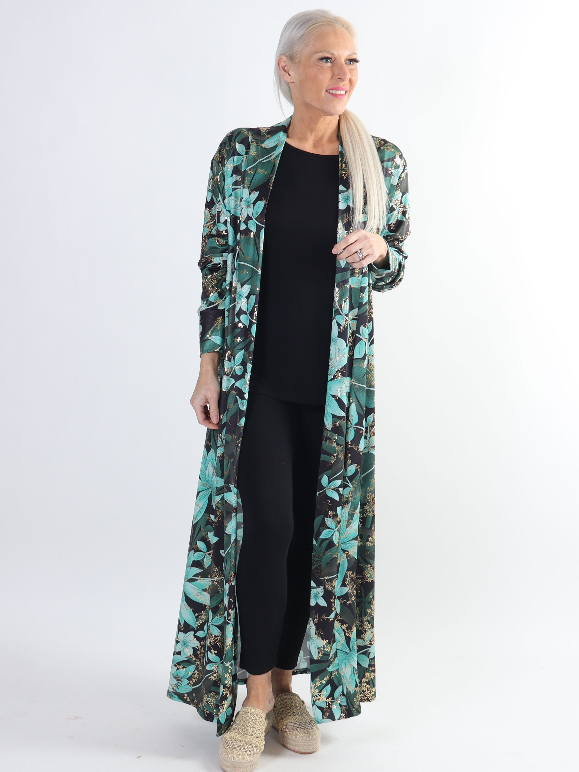 Mikkala Gold Flower - Elastisk plus size cardigan med tryck